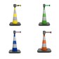 Traffic cone with weighted base and retractable strap