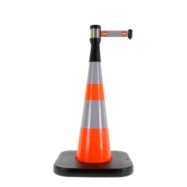 Traffic cone with weighted base and retractable strap