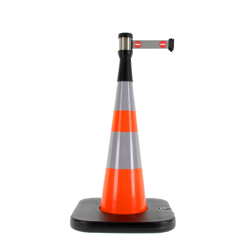 Traffic cone with weighted base and retractable strap