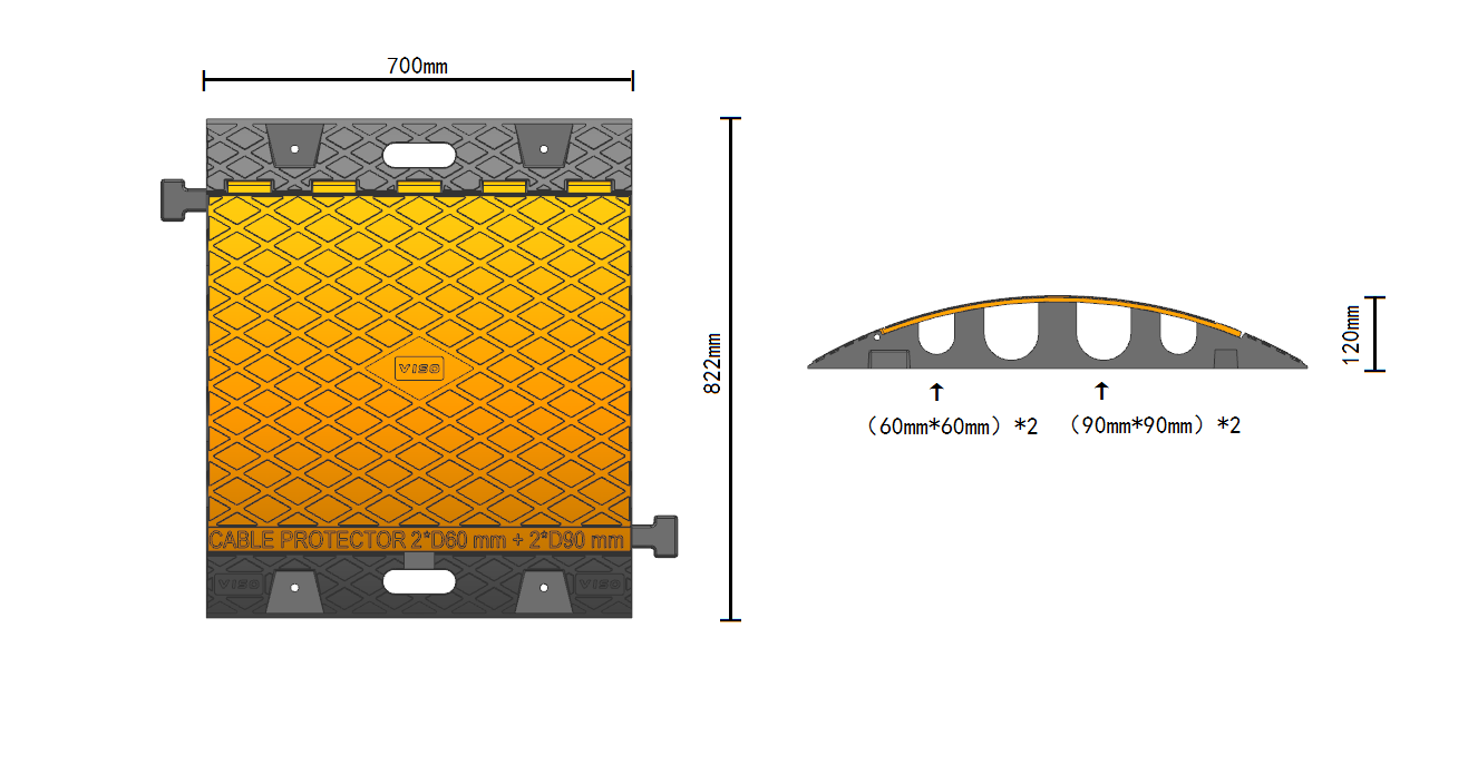 4-channel truck cable protector (2×60 mm and 2×90 mm) with wheelchair-accessible ramp.