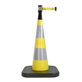 Traffic cone with weighted base and retractable strap