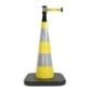 Traffic cone with weighted base and retractable strap
