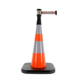 Traffic cone with weighted base and retractable strap