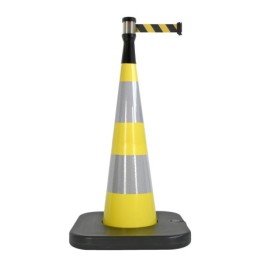 Traffic cone with weighted base and retractable strap