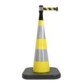 Traffic cone with weighted base and retractable strap