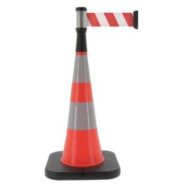 Traffic cone with weighted base and retractable strap