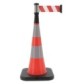 Traffic cone with weighted base and retractable strap