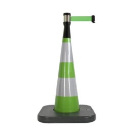 Traffic cone with weighted base and retractable strap