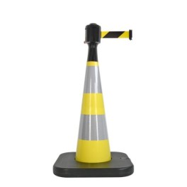 Traffic cone with weighted base and retractable strap