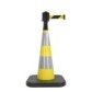 Traffic cone with weighted base and retractable strap
