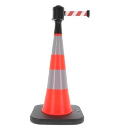 Traffic cone with weighted base and retractable strap