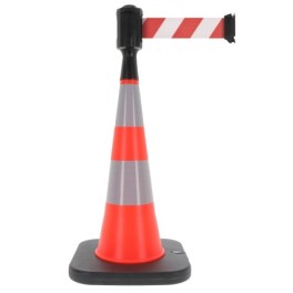 Traffic cone with weighted base and retractable strap