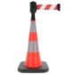 Traffic cone with weighted base and retractable strap
