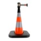 Traffic cone with weighted base and retractable strap
