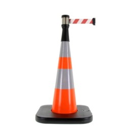 Traffic cone with weighted base and retractable strap