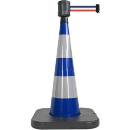 Traffic cone with weighted base and retractable strap
