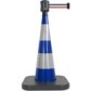 Traffic cone with weighted base and retractable strap