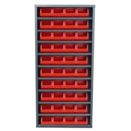 Storage cabinet with bins and no doors