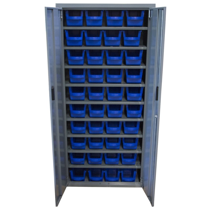 Storage cabinet with bins and doors