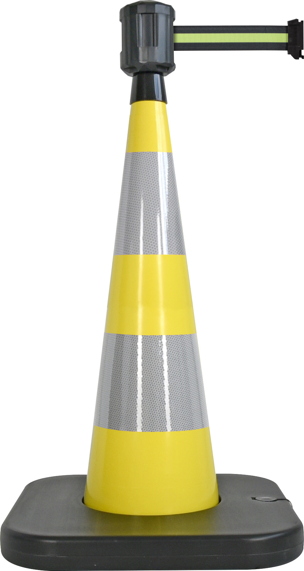 Traffic cone with weighted base and retractable strap