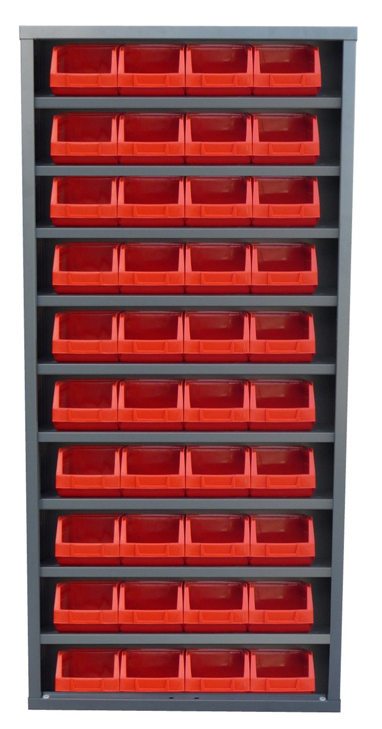 Storage cabinet with bins and no doors
