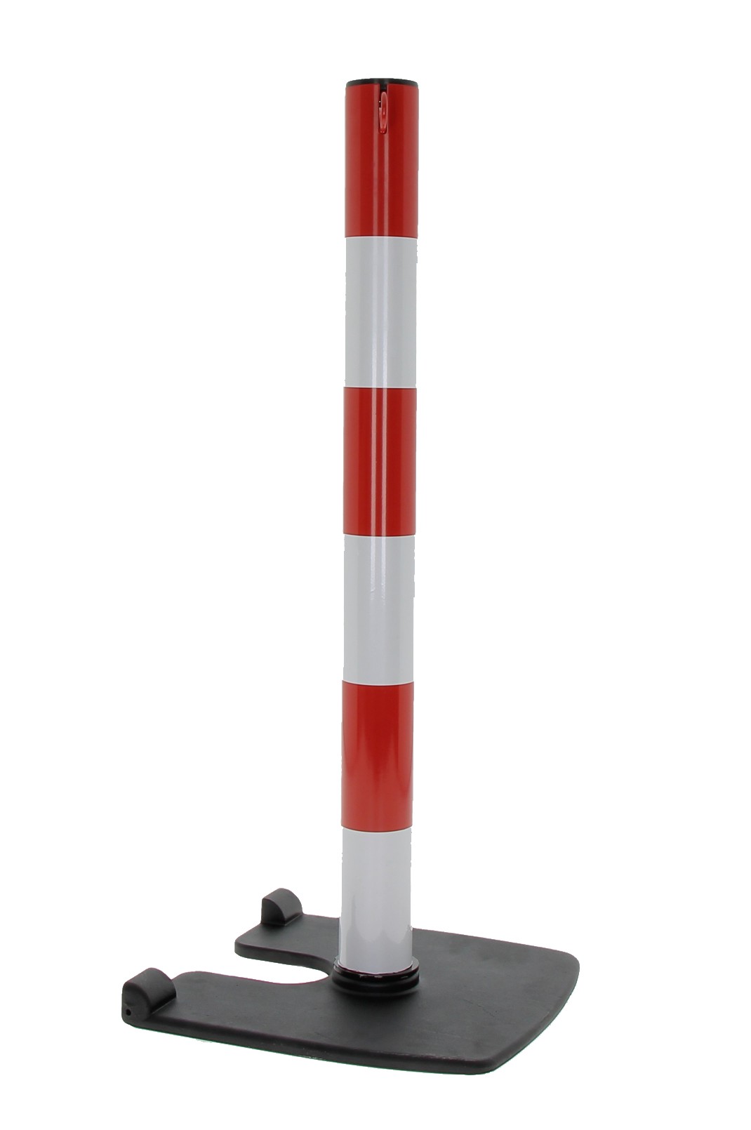Metal post with a wheeled base.
