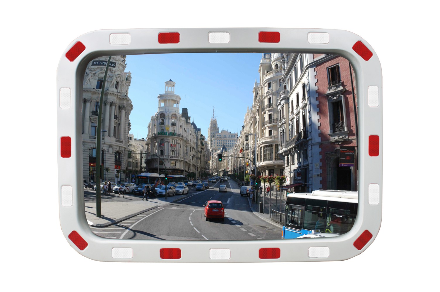 Safety mirror with reflective stripes