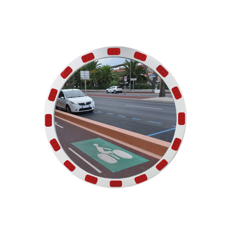 Round safety mirror with reflective stripes