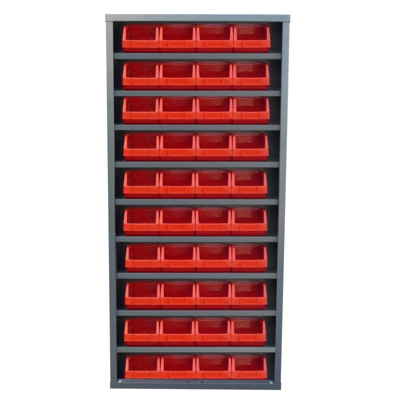 Storage cabinet with bins and without doors