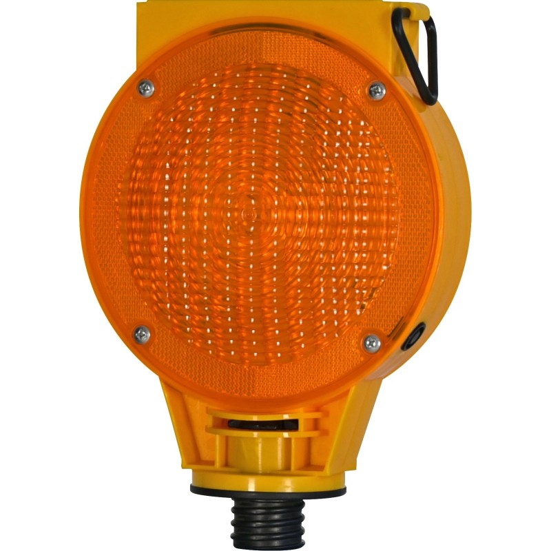 Solar-powered LED flashing construction lamp with interlocking feature