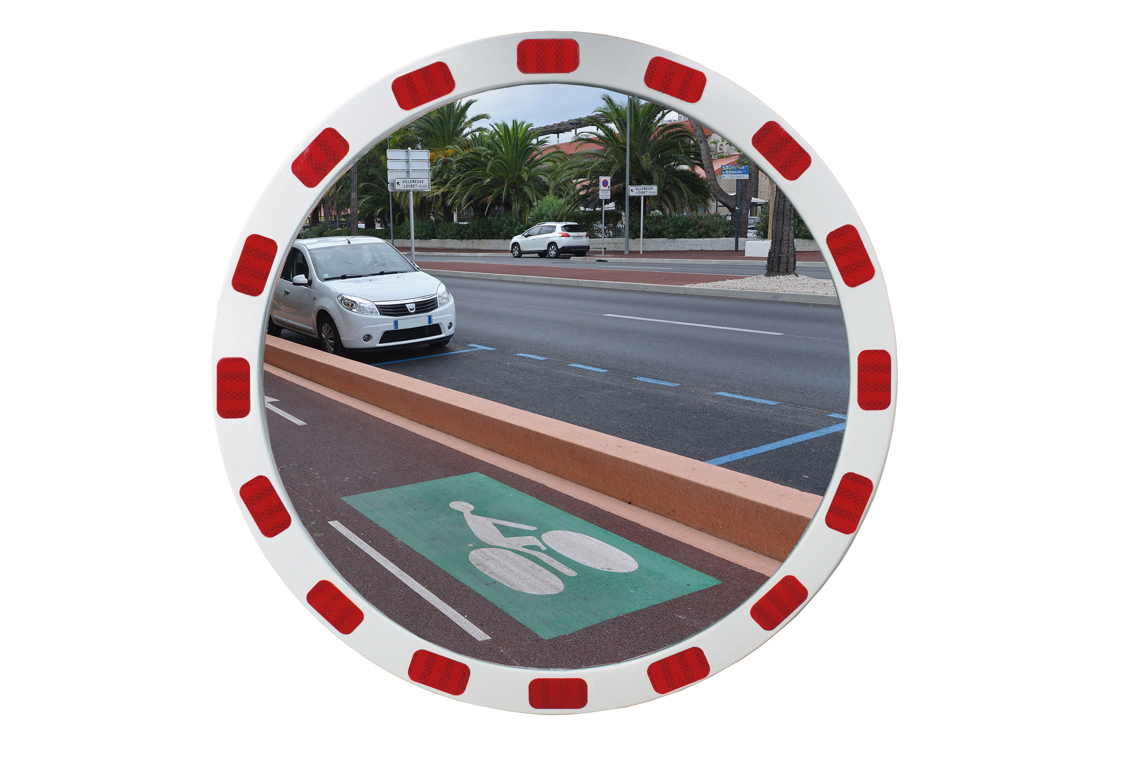 Miroir de voirie rond avec bandes réfléchissantes