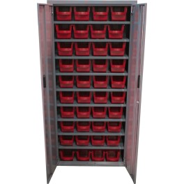 Storage cabinet with bins and doors