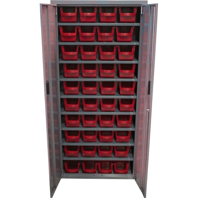 Storage cabinet with bins and doors