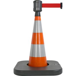 Traffic cone with weighted base and retractable strap