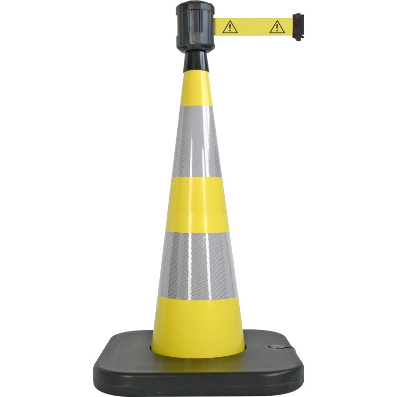 Traffic cone with weighted base and retractable strap