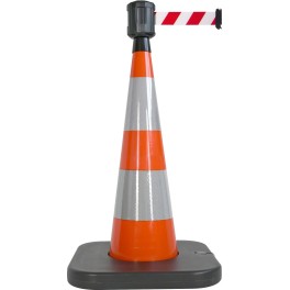 Traffic cone with weighted base and retractable strap