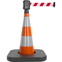 Traffic cone with weighted base and retractable strap