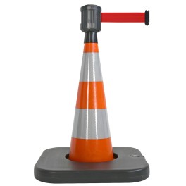 Traffic cone with weighted base and retractable strap