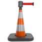 Traffic cone with weighted base and retractable strap