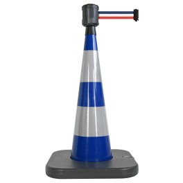 Traffic cone with weighted base and retractable strap