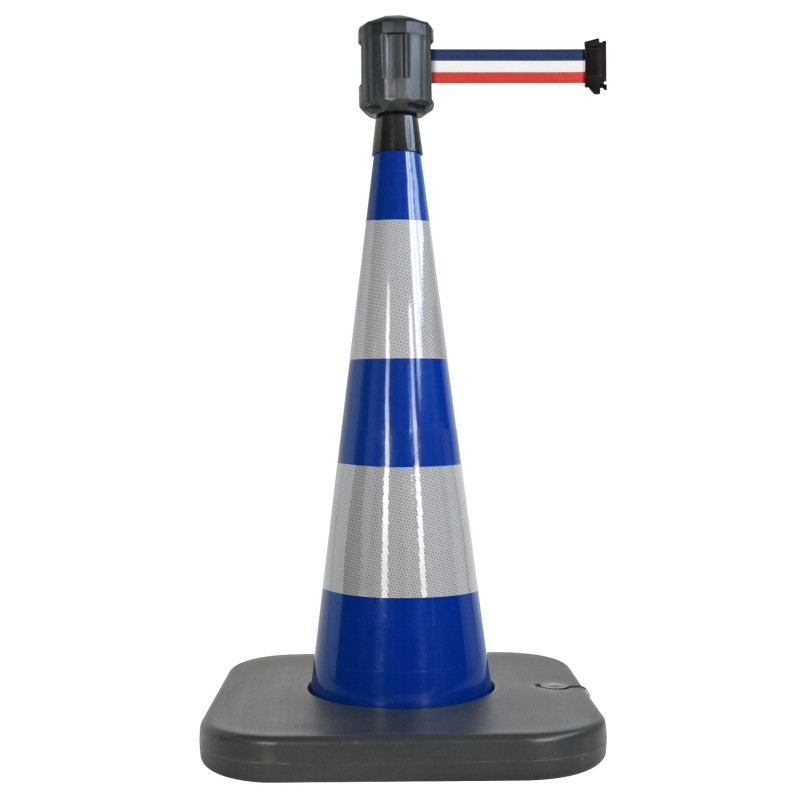 Traffic cone with weighted base and retractable strap