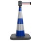 Traffic cone with weighted base and retractable strap
