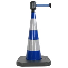 Traffic cone with weighted base and retractable strap