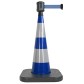 Traffic cone with weighted base and retractable strap