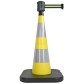 Traffic cone with weighted base and retractable strap