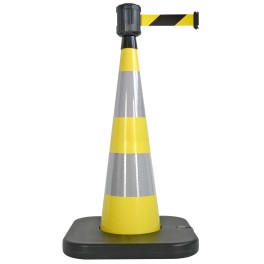 Traffic cone with weighted base and retractable strap