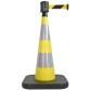 Traffic cone with weighted base and retractable strap