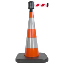 Traffic cone with weighted base and retractable strap