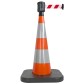 Traffic cone with weighted base and retractable strap