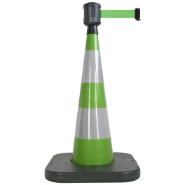 Traffic cone with weighted base and retractable strap